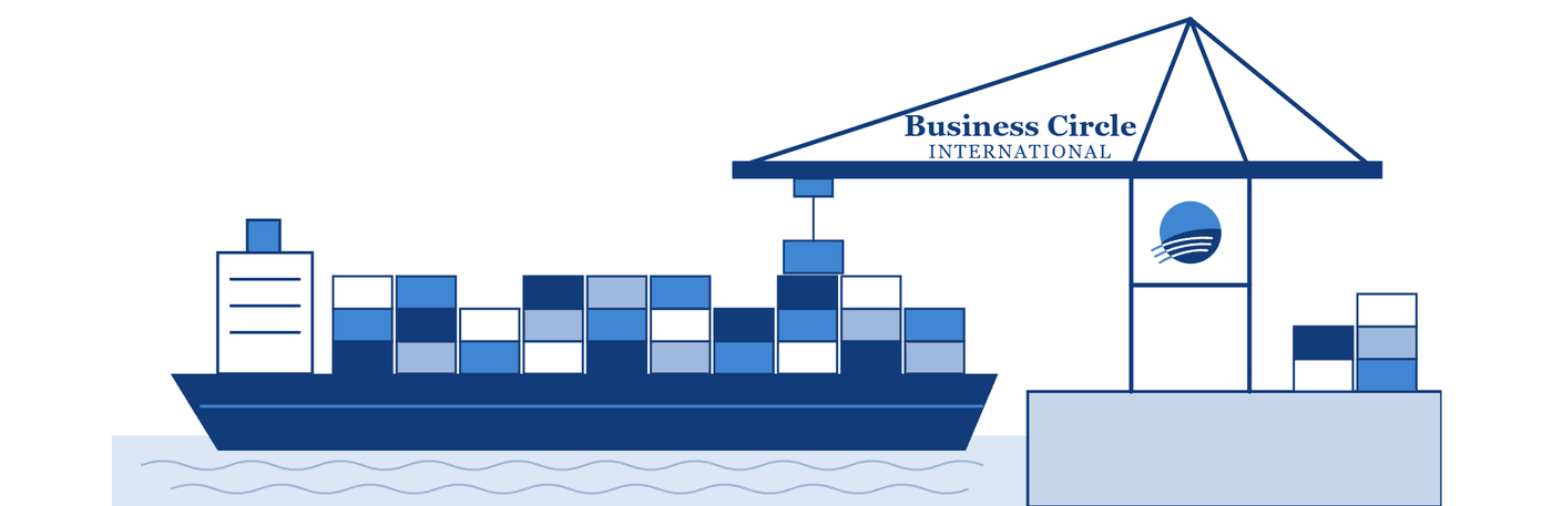 Illustration of a container ship at a quay beneath a gantry crane